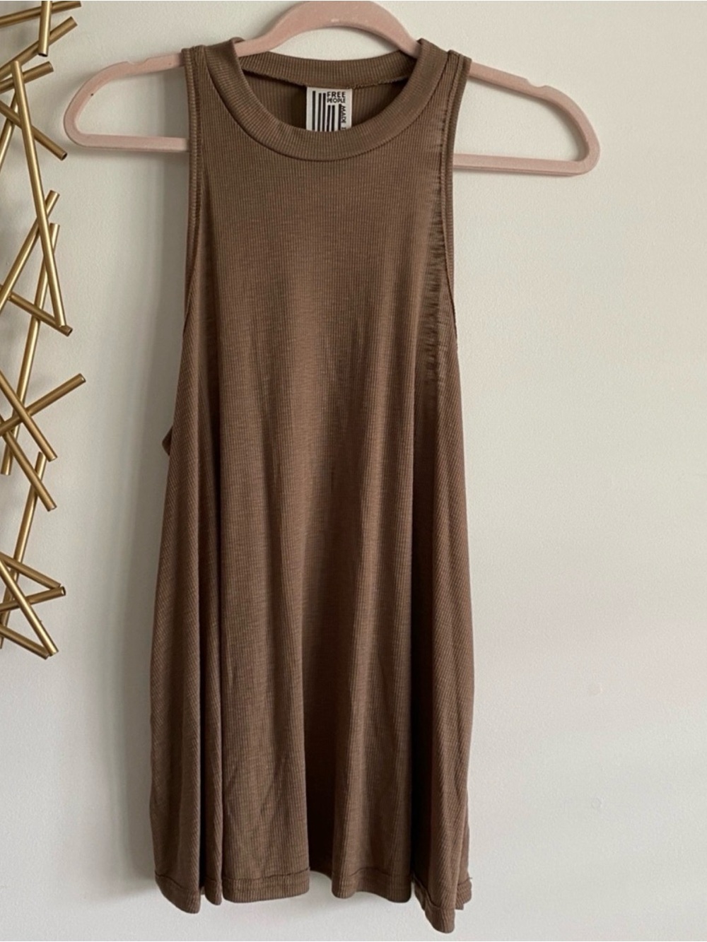 Free People Brown High Neck Ribbed Long Racerback Tank Top Tunic Dress - Size L